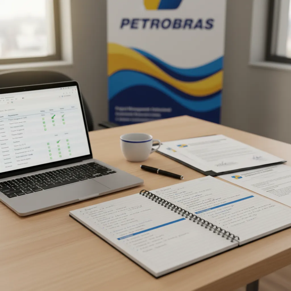 Candidato estudando requisitos de concurso Petrobras em mesa de trabalho com documentos e laptop