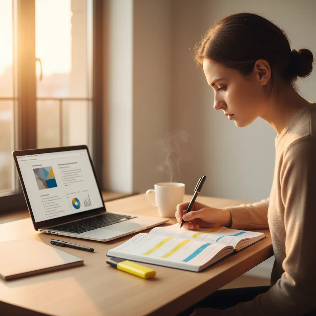 Concurseiro estudando com foco em mesa organizada, luz natural dourada, notebook e materiais de estudo estruturados